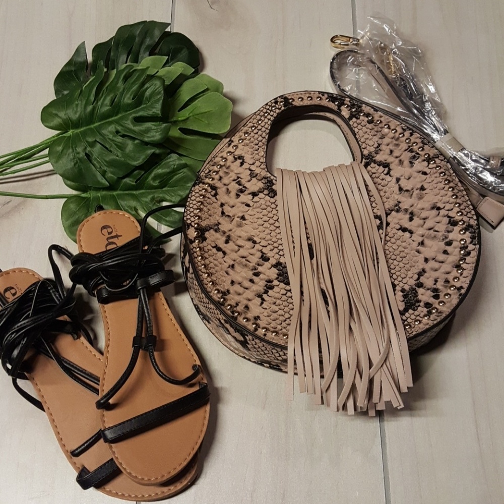 Taupe and black snake print fringe handbag